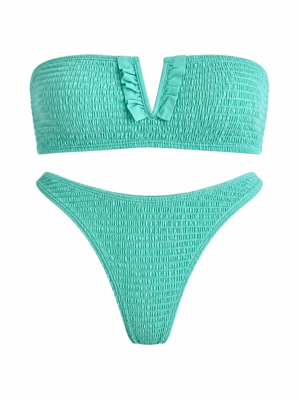 SHEIN Mint Green Smocked Bandeau Bikini Set Size Medium High Cut Ruched Swim